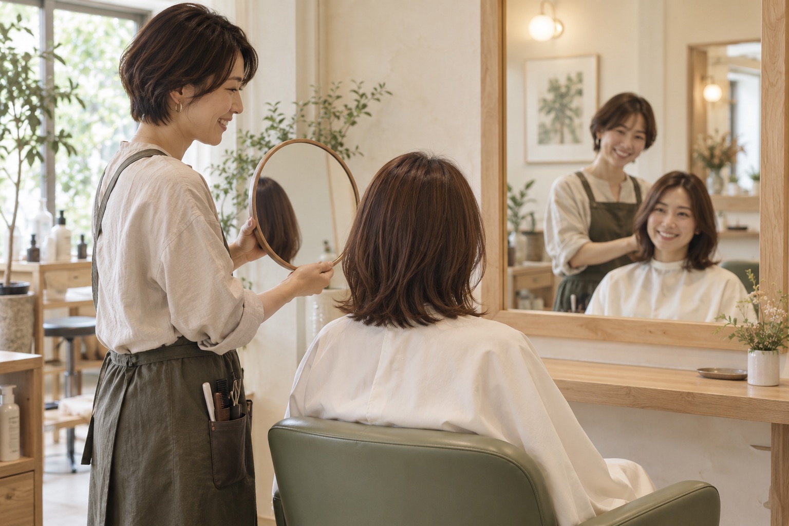 鏡で髪の仕上がりを確認する生成イメージ