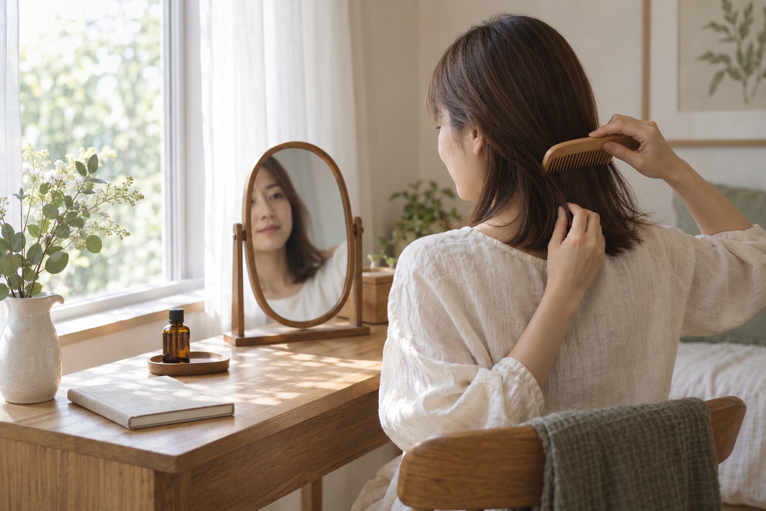 朝の光が差す鏡台で、木のコームを使って髪を整える生成イメージ