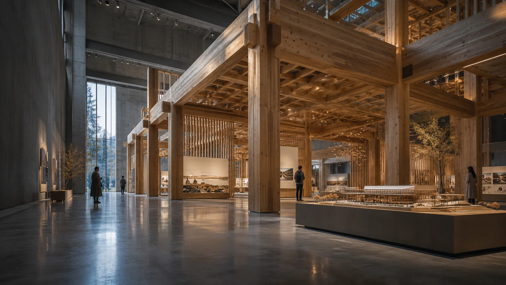 木の大きな架構と建築模型を展示した、光が差し込む架空の展示会場