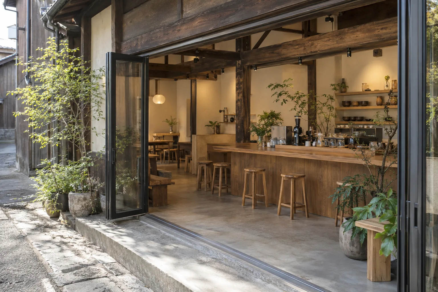 古い木組みを残し、通りに開いたカフェのコンセプト
