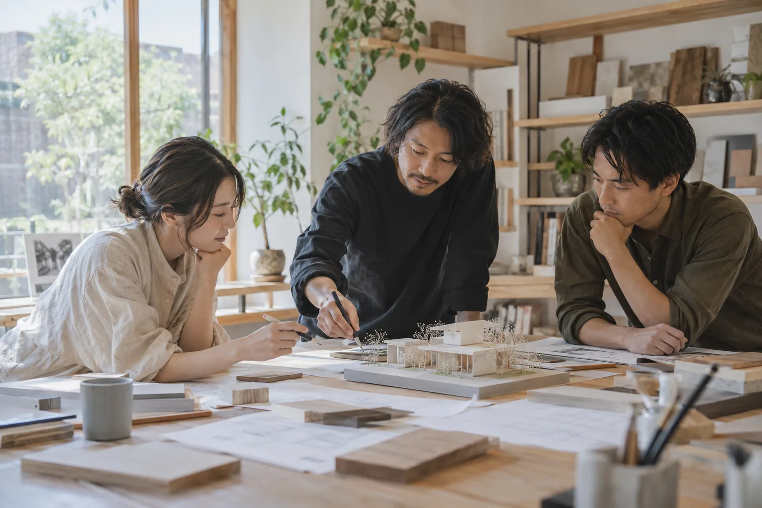 建築模型を囲んで話し合う設計チームのイメージ