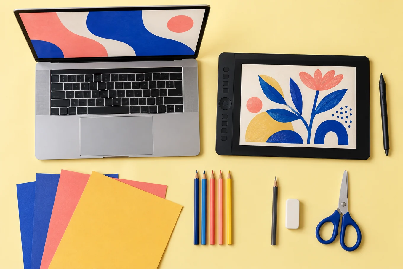 体験授業で用意するパソコン、タブレット、ペン、色紙、はさみのイメージ